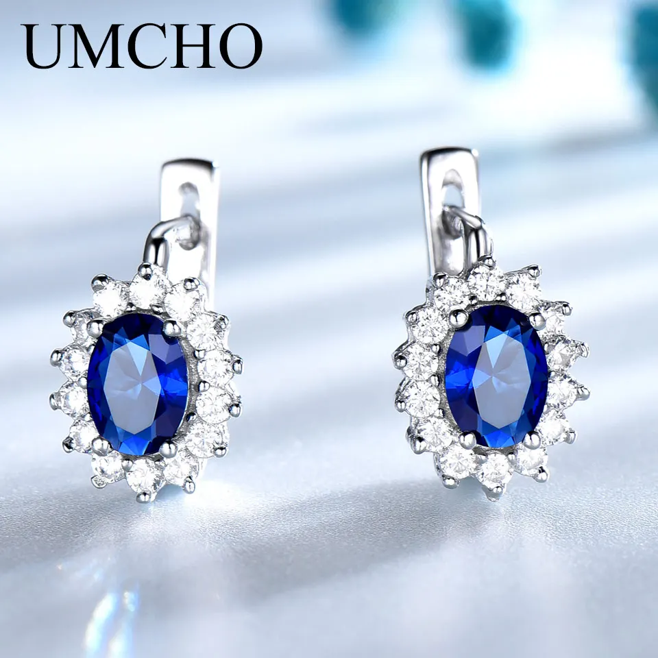 UMCHO Colorful Gemstone Blue Sapphire Clip Earrings  Real 925 Sterling Silver Earrings For Women Engagement Gifts Fine Jewelry