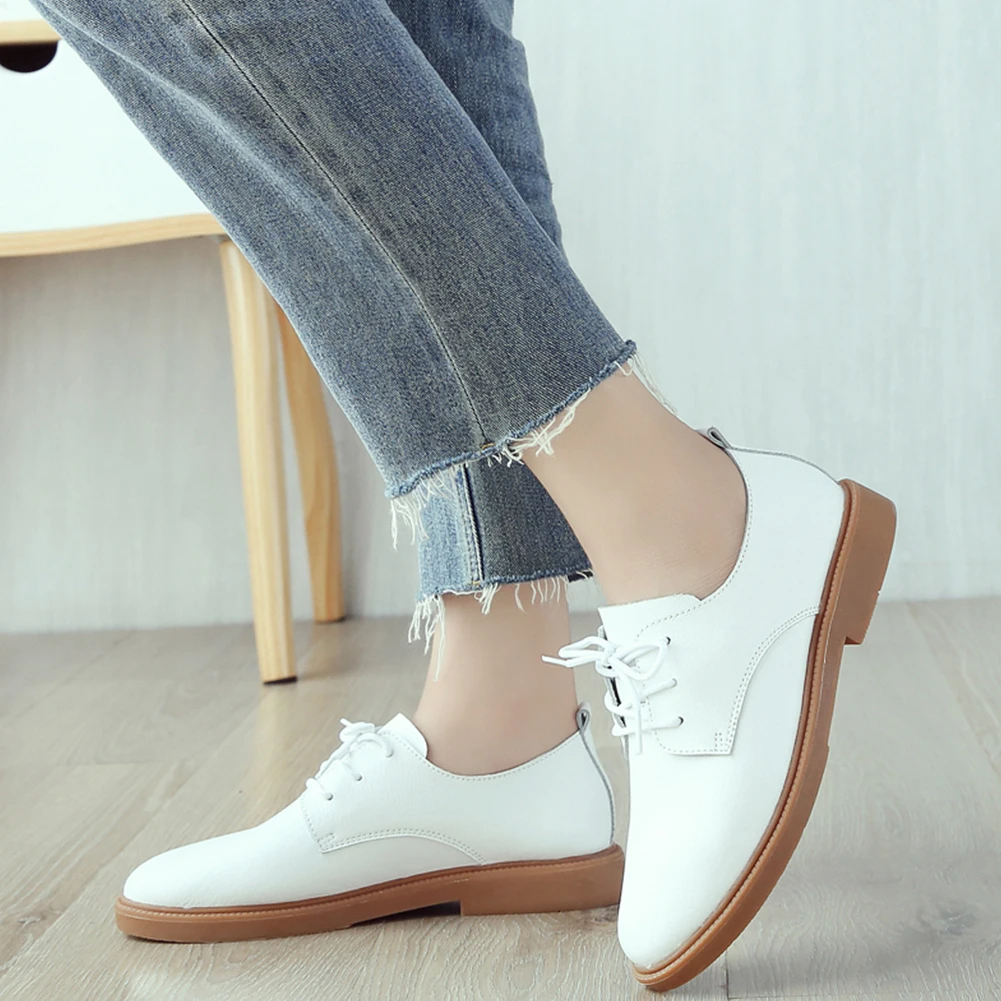 

2019 Spring women oxford shoes ballerina flats shoes women genuine leather shoes moccasins lace up loafers white shoes