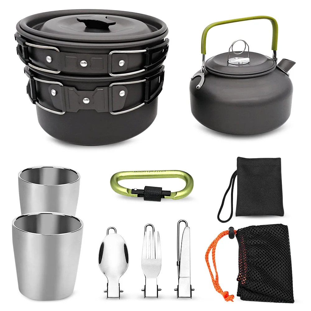 Portable 3 People Non-stick Pots Pans Outdoor Camping Hiking Cooking Set Cookware Travel Tableware with Teacup Folding Tableware (2) 