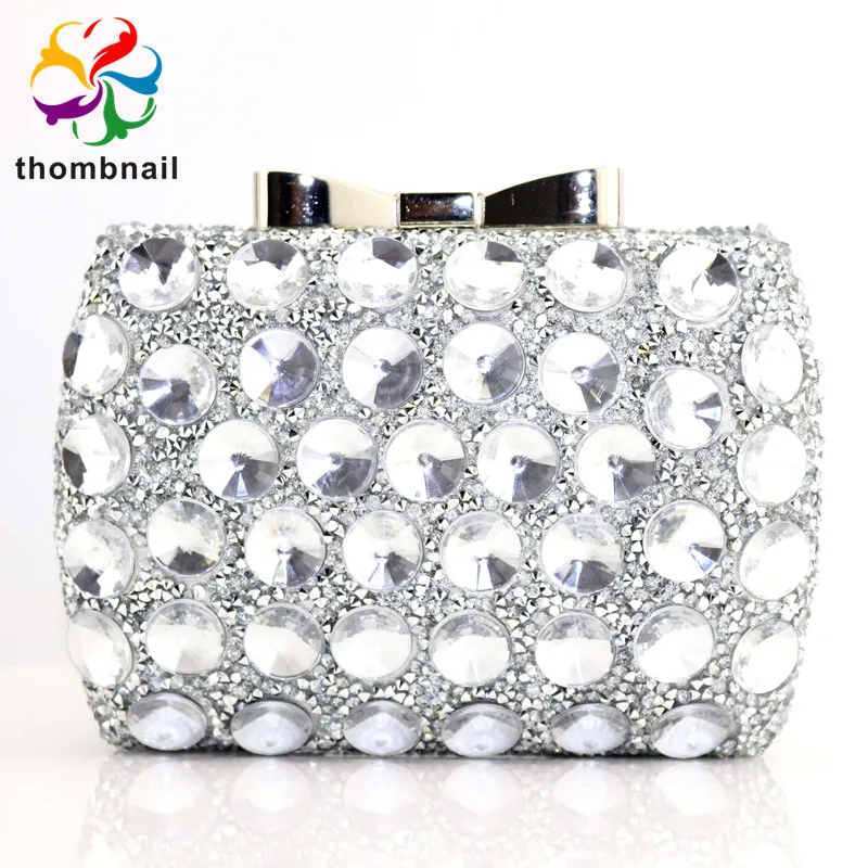 

Women Silver Crystal Clutches Bag Evening Party Minaudiere Box Clutch Purse Bridal Flower Rhinestones Handbag
