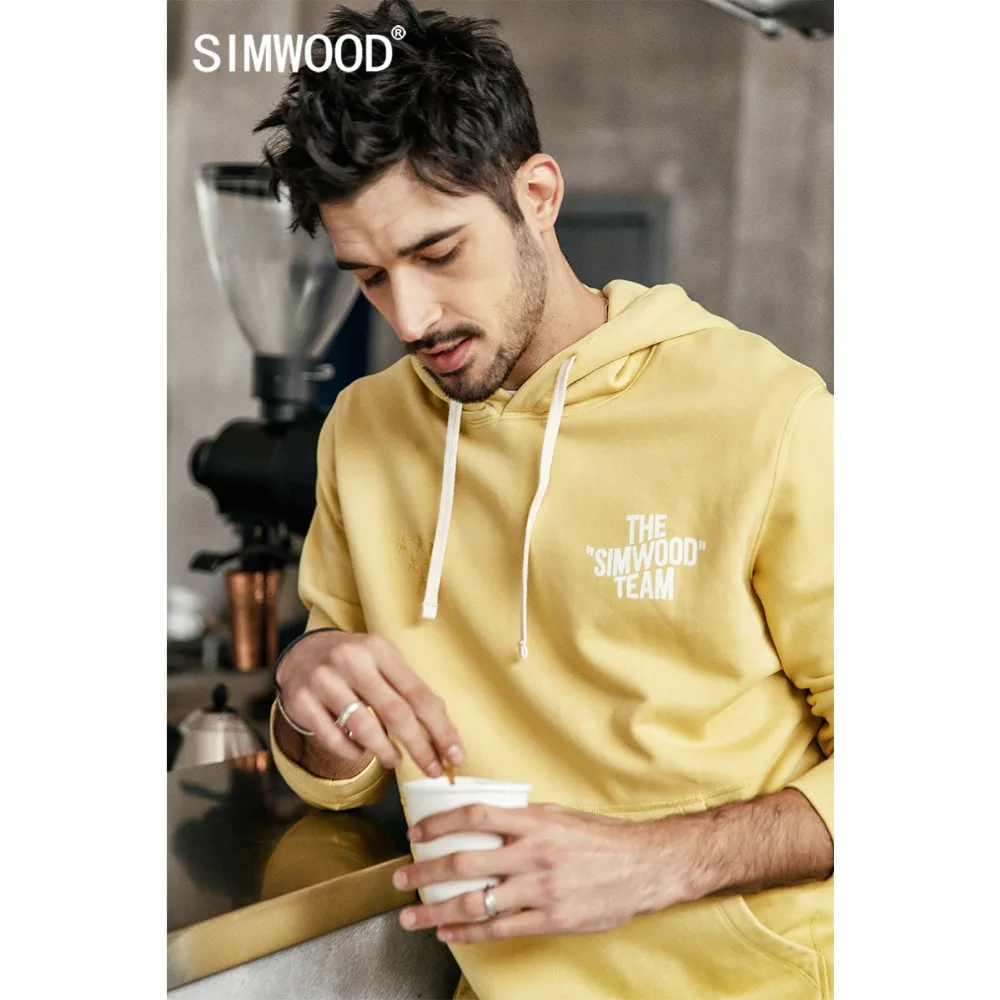  SIMWOOD 2019 autumn New Hoodie Men 100% Cotton Letter Print Hooded Sweatshirts Male Plus Size Casua