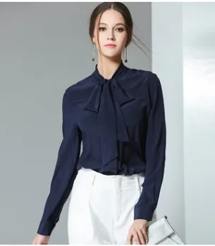 

New pure silk shirt, long sleeve bow tie, elegant silk shirt