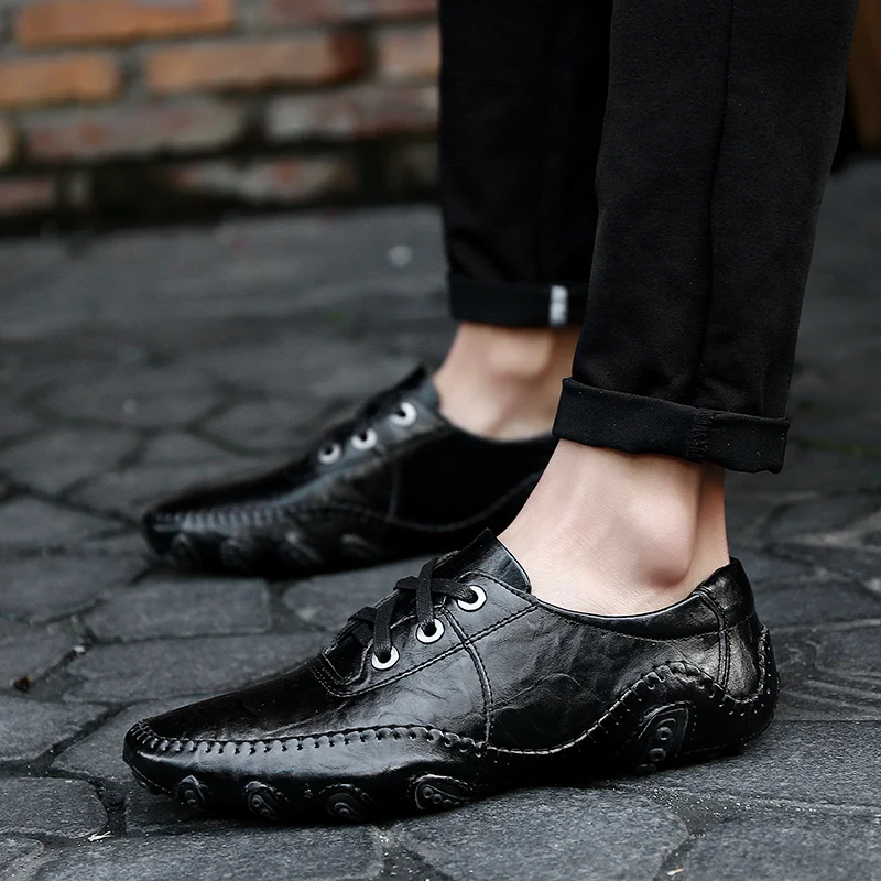 JKPUDUN ручной работы из натуральной кожи повседневные мужские туфли Элитный бренд мужские лоферы Мокасины итальянский дышащая обувь для вождения плюс Размеры