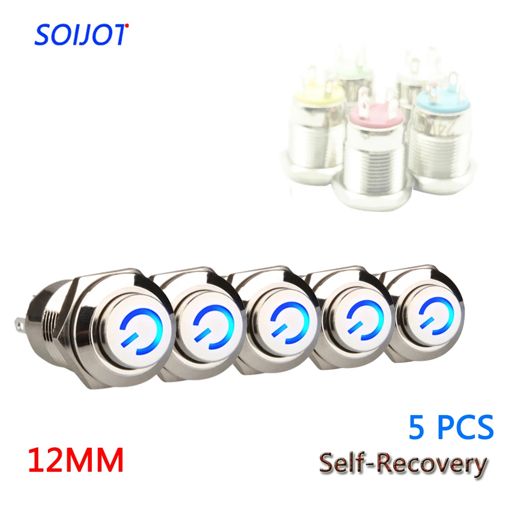 

5PCS 12MM High Head Self-Recovery Power sign LED 3V~220V Metal Button Switch Instantaneous Button Automatic Reset Waterproof