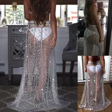 Uown летние пикантные Beachwear горный хрусталь Длинные блесток юбка свободные стороны Разделение сетка видеть сквозь золото Макси блеск юбка Искра женский