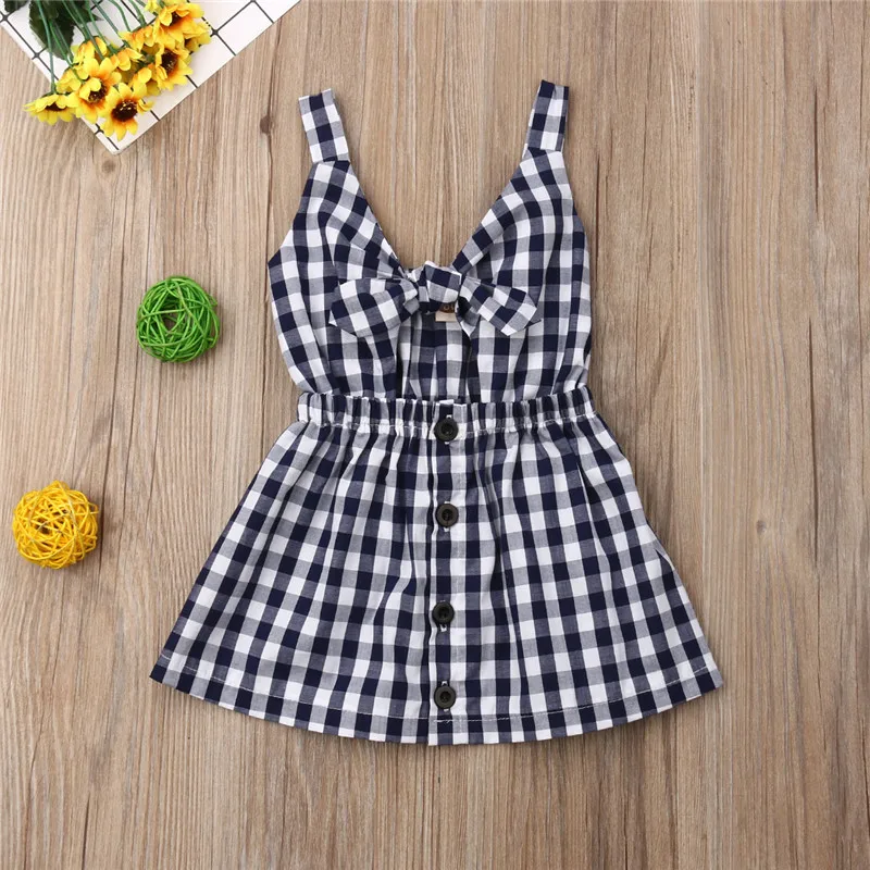 

Kids Girls Beach Dress Baby Girls Black Plaids Strappy Dress Summer Sleeveless V-Neck Bow Hollow Out Sundress Button A-Line 1-6Y