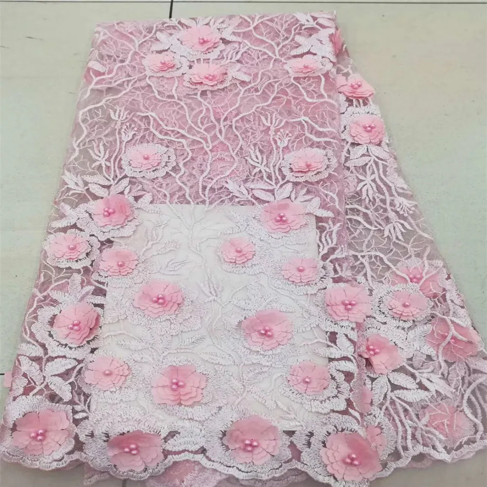 

African lace fabric with 3D flower and beads 2018 latest pink lace fabric high quality french 3d lace fabric for wedding GF414-2