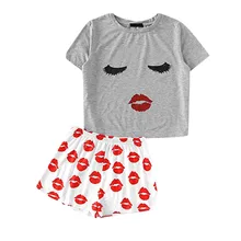 JAYCOSIN женский комплект одежды, свободный костюм из 2 предметов, принт, короткий рукав, футболка с рюшами, топ, короткие штаны, одежда для сна, летняя одежда