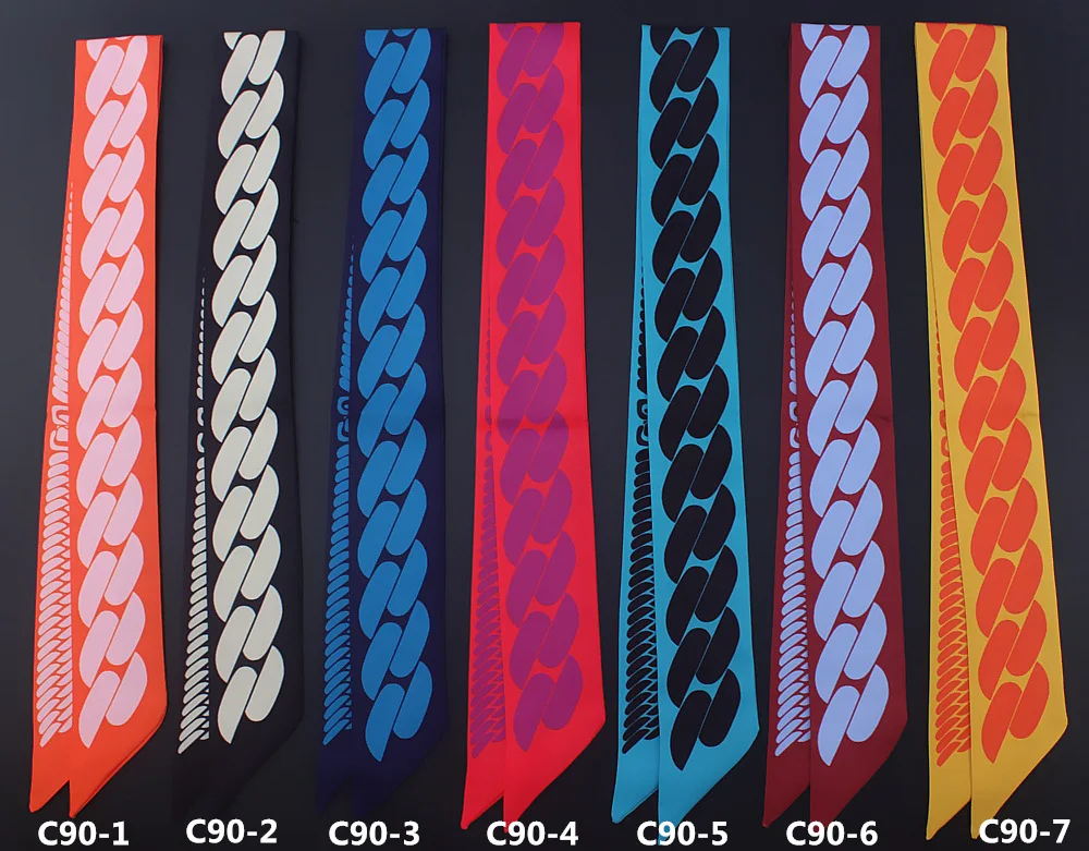 Women Foulard Luxury Brand Fashion Chain Geometric print Skinny Small Bag Twill Silk Scarf Ribbon Head Hair Handle Tie Scarf 5