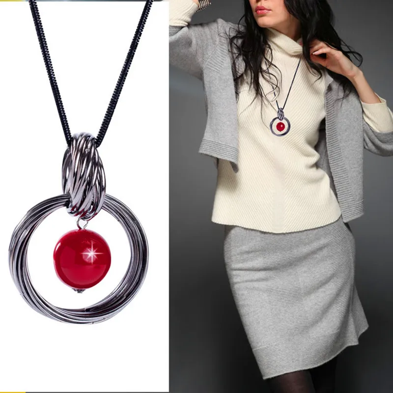 

Pendant Necklaces Autumn And Winter Sweet All-match Long Necklace Beads Circle Red Sweater Chain New Arrival For Women2019