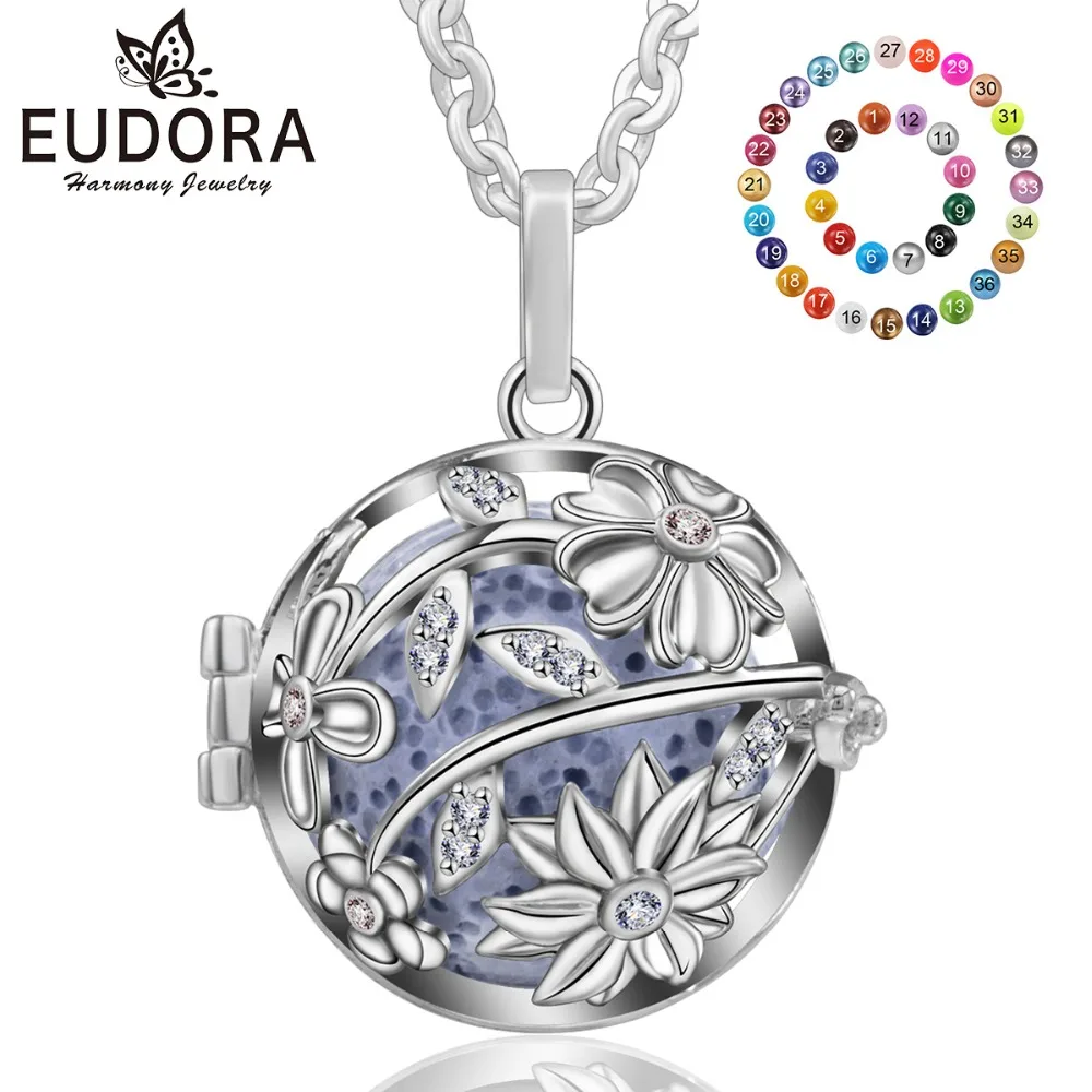

EUDORA 18 mm CZ Flower Chrysanthemum Design Cage Harmony Ball Pendant Necklace with Chime Sound Harmony Bola Pregnancy Ball K262