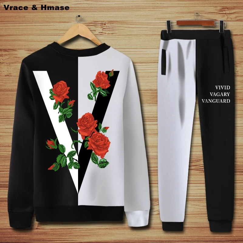 

Beautiful 3D roses pattern fashion casual pullover hoodies and pants set Autumn&Winter quality oversized sweatshirts men S-XXXXL