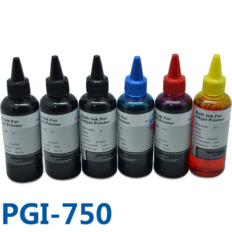 100ML X 6 Bottle PGI750 Printer Ink Refill Ink Kit For Printer For Canon PIXMA MG6370 /MG7570