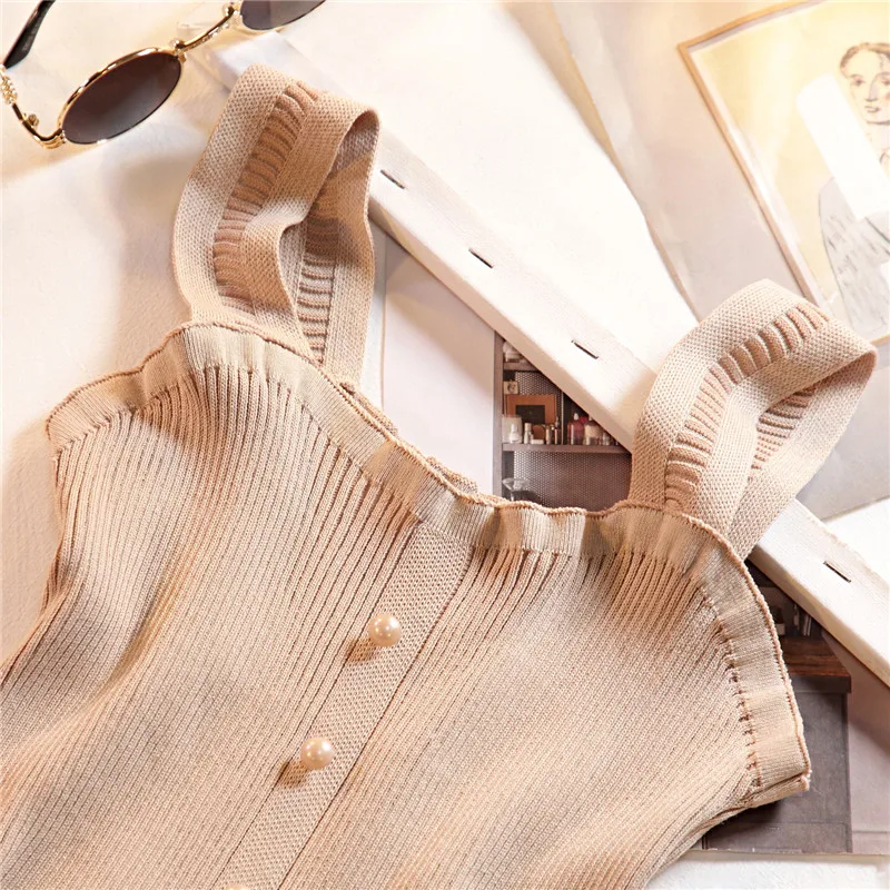 New Autumn Chi Knitted Women's Tank Top Slim Pearl Button Vintage Girls Cropped Female Women Tanktops t shirt Clothing (3)
