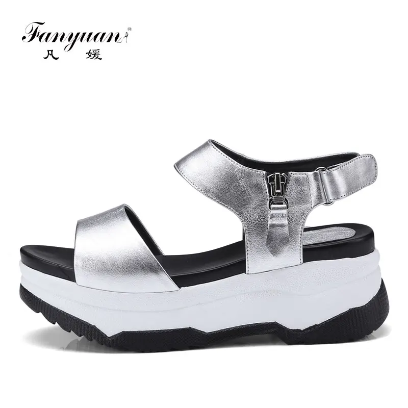 

Fanyuan Cow Leather Flat Sandals Women Platform Shoes Summer Thick Bottom Silver Roman Sandals Outdoor Casual Female sandalie
