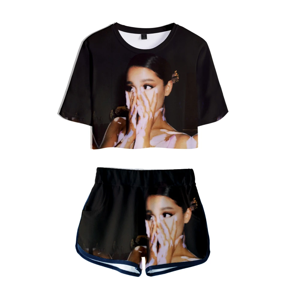 Модная женская футболка с пупком, 3D принт, Ариана Гранде, комплект из двух предметов+ короткие штаны, летняя футболка с пупком, комплекты для отдыха для девочек