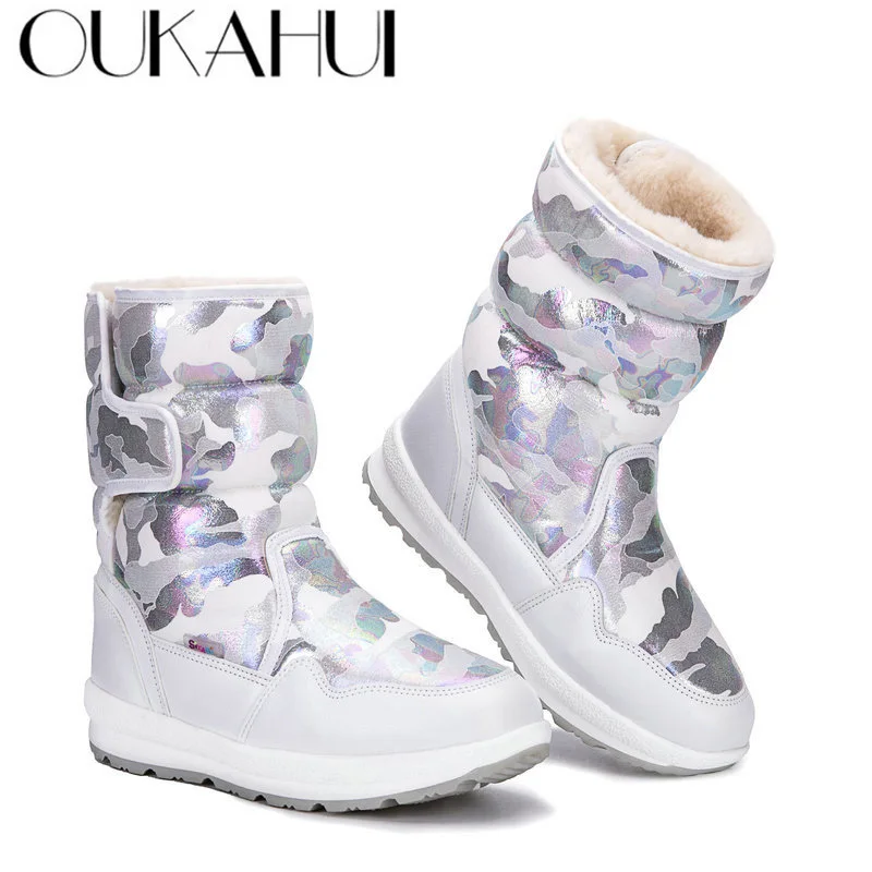 OUKAHUI/модные камуфляжные зимние ботинки; женские водонепроницаемые теплые плюшевые Нескользящие женские ботинки на меху с застежкой-липучкой; новые женские ботильоны
