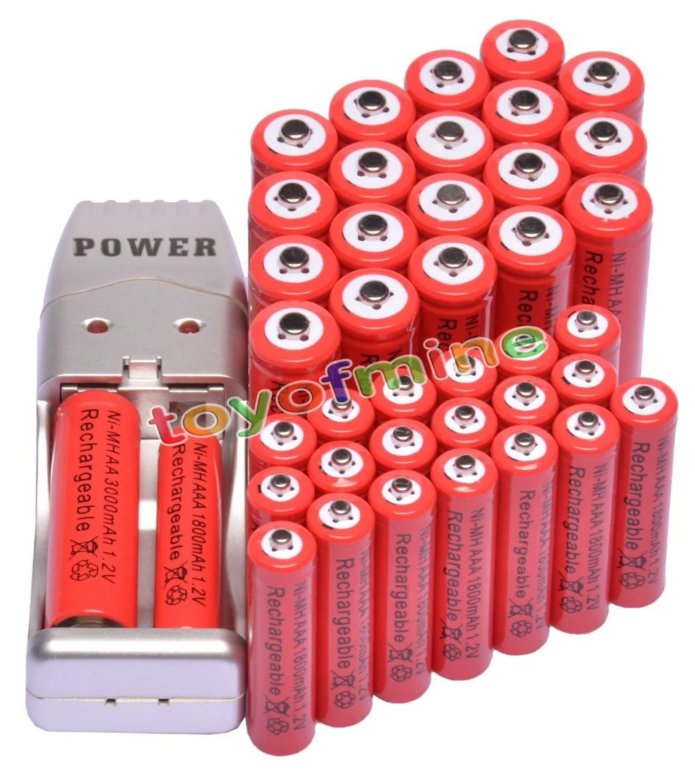 

20x AA 3000mAh + 20x AAA 1800mAh 1.2V Red Color Rechargeable Battery+ 2A 3A Battery USB Charger