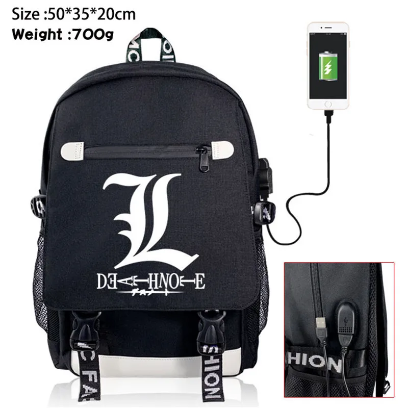 

Death Note Backpack Knapsack Rucksack Travel School Bag Rucksack Boys Girls Book Bag Day Pack USB Port Black Front Zipper