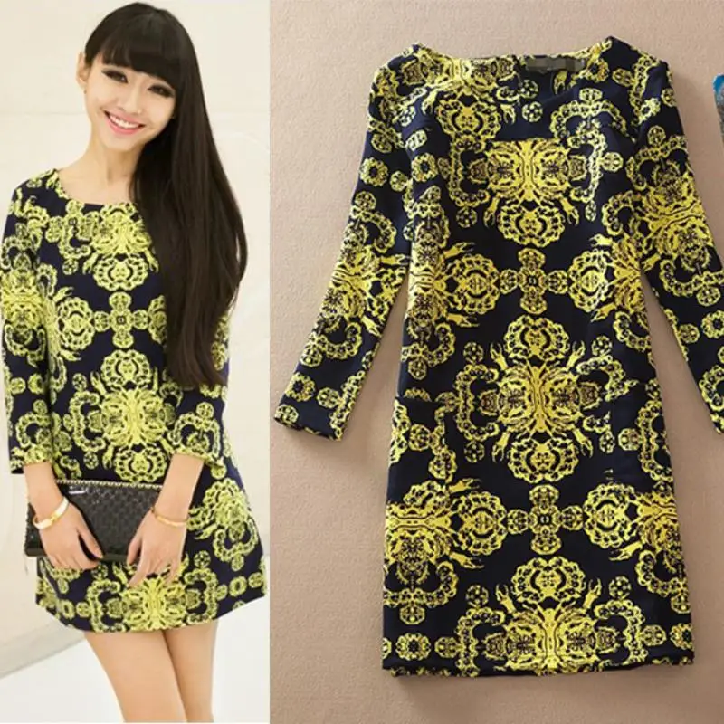 New Women's Summer & Autumn O-neck A-line skirt classic long-sleeved printed dress
