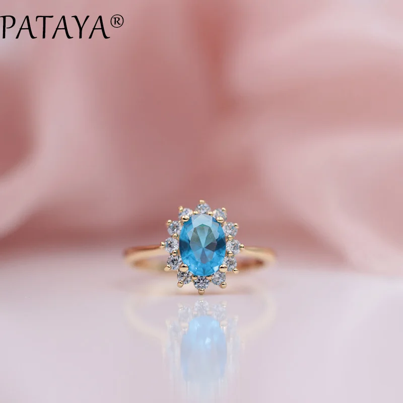 

PATAYA New Arrivals Oval Blue Natural Zirconia Rings Women 585 Rose Gold Wedding Party Fashion Simple Exquisite Mosaic Jewelry
