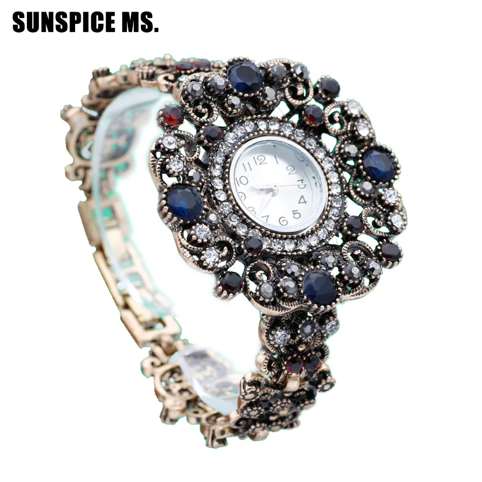 

Promotion Flower Round Bracelets Watch Women Clock Quartz Watches Vintage Turkish Wristwatch Indian Bridal Antique Jewelry Gift
