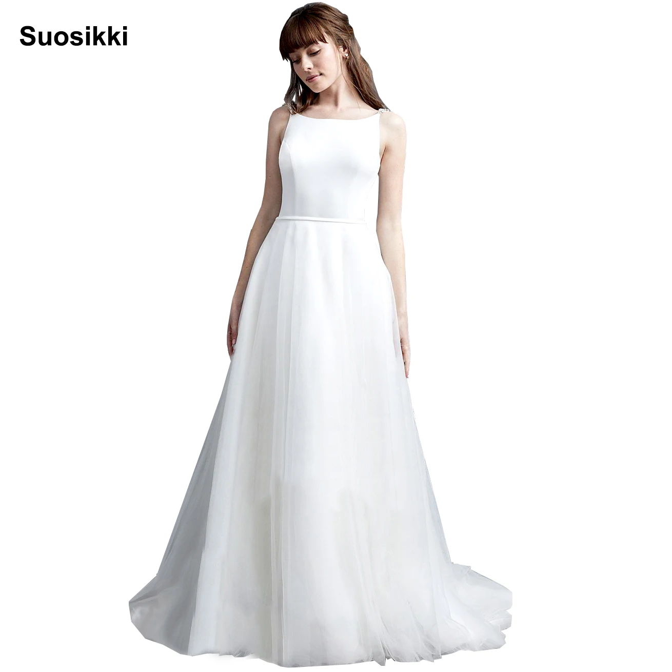 

A Line tulle Beach Wedding Dress 2018 Scoop Neck White Bridal Gown Tulle Skirt court Train vestido de noiva
