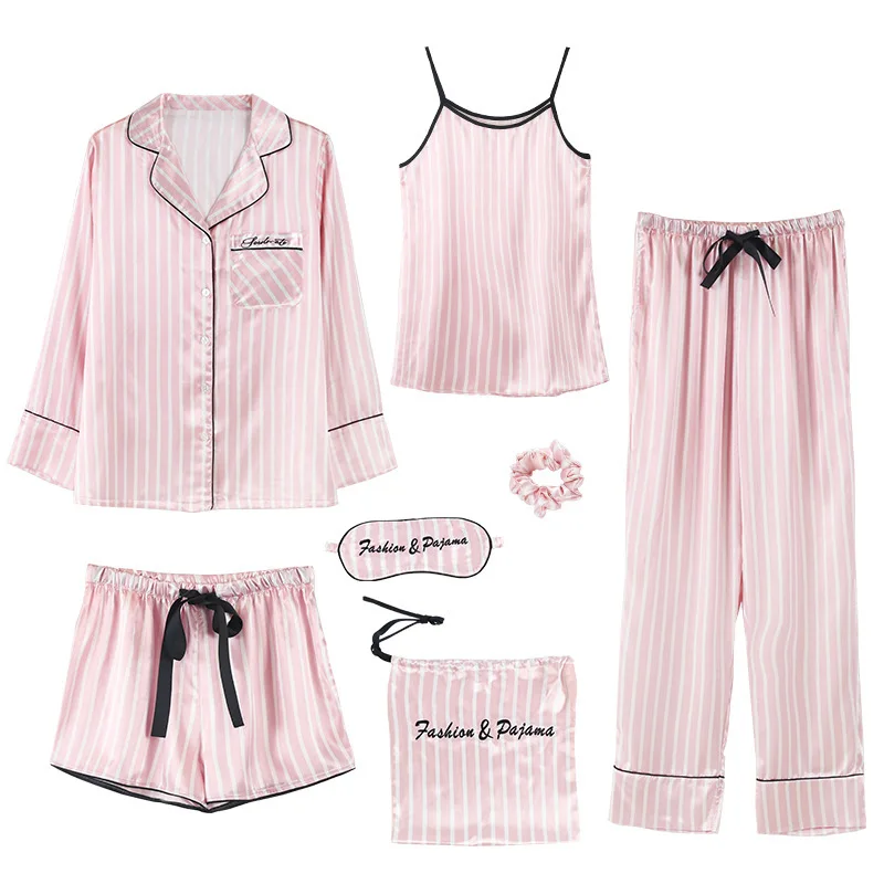 

Lisacmvpnel 7 Pcs Woman Pajama Set Nightdress+Top+Long Short Pant Set Striped Sexy Female Pajamas