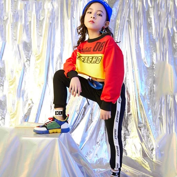 

New Girls Jazz Dance Costume Red Sweater Black Trousers Street Dance Clothing Children Hiphop Dance Costume Stage Wear VDB244