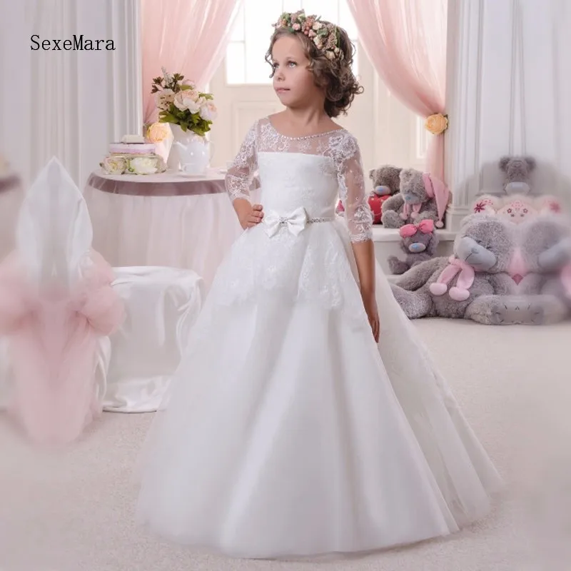 3/4 Long Sleeves White Lace Flower Girl Dress With Bows Lace Up Back