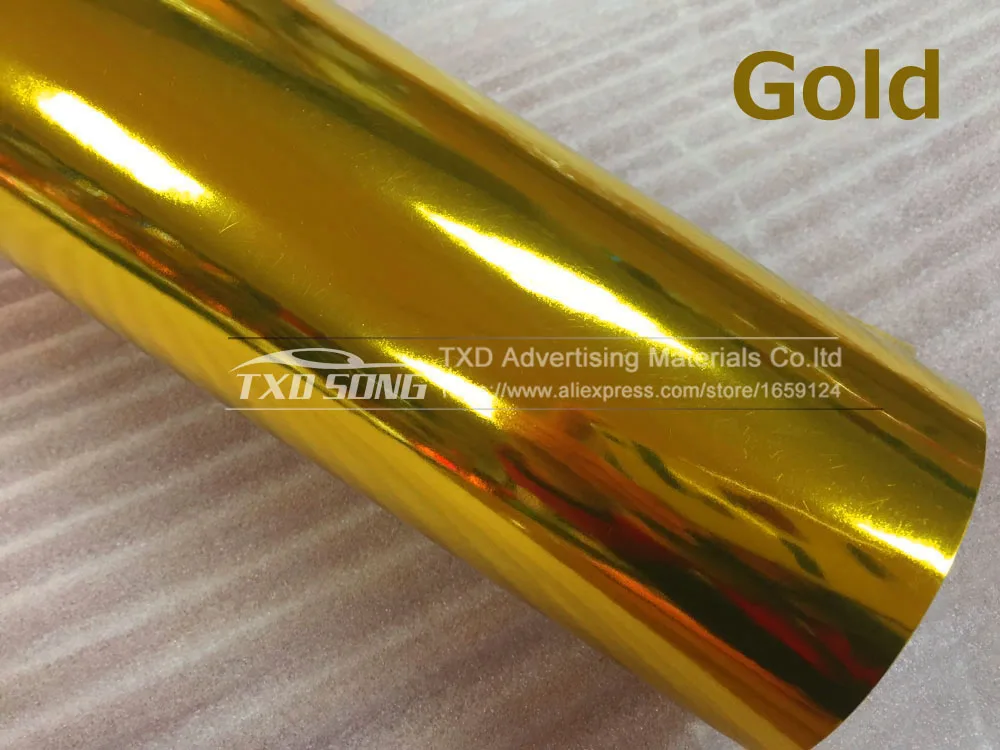 gold Высококачественная высокогибкая хромированная розовая Золотая зеркальная виниловая пленка, рулонная наклейка, автомобильная наклейка, автомобильный стиль, 1,52x20 м/рулон с пузырьками - Название цвета: gold