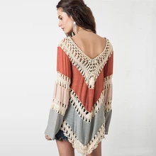 Для женщин Boho Sexy v-образным вырезом футболки нерегулярные Накидки Свободные выдалбливают крючком лоскутное бикини халат одежда с длинным рукавом Топ Vestidos