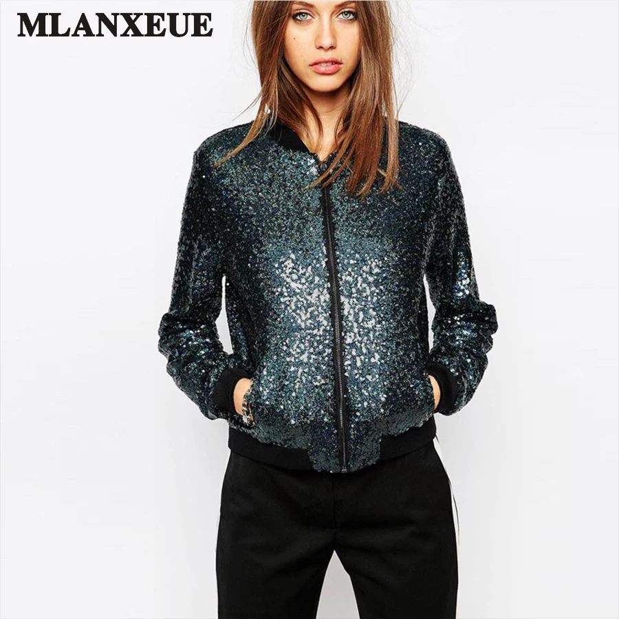 Autumn Women Sequin Coat Blue Bomber Jacket Long Sleeve Zipper Streetwear Jacket Preppy Loose Casual Basic Coat Casaco Feminino
