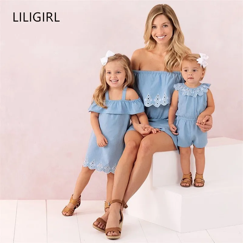 

Family Matching Clothes Mother Daughter Dresses One-shoulder Denim Embroidered Jumpsuit
