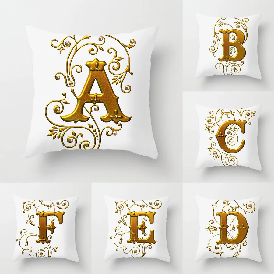 Gold 26 Letters Cushion Cover English Alphabet Throw Pillow Case Gold