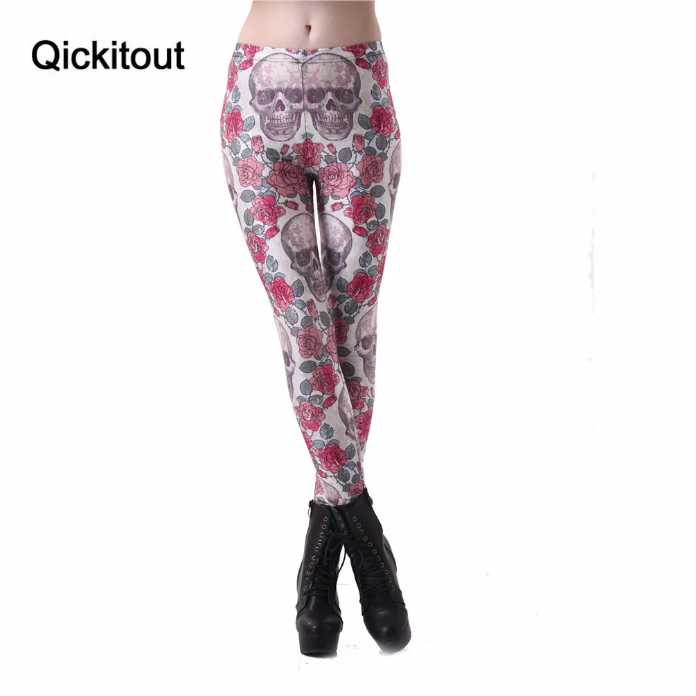 

Hot Fashion Slim Womens Pirate Costume Leggins Digital Printing Roses & Skulls Pants Milk Fabric Legging