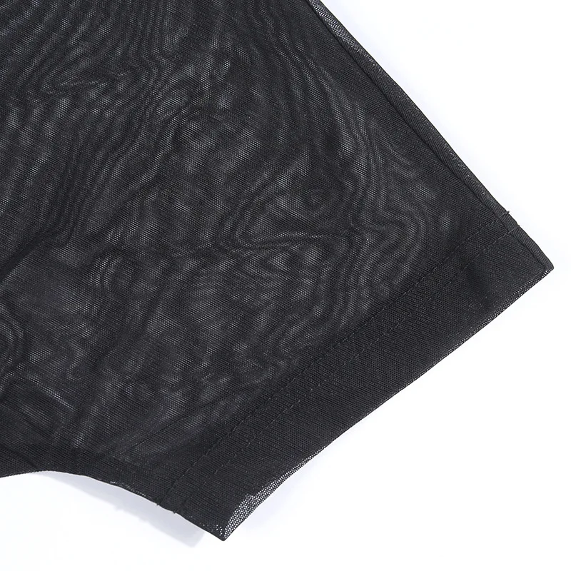 BOOFEENAA, светоотражающий черный сетчатый Облегающий комбинезон с надписью, женский сексуальный комбинезон, прозрачный, на молнии, Облегающий комбинезон, короткий, летний, C66-I3