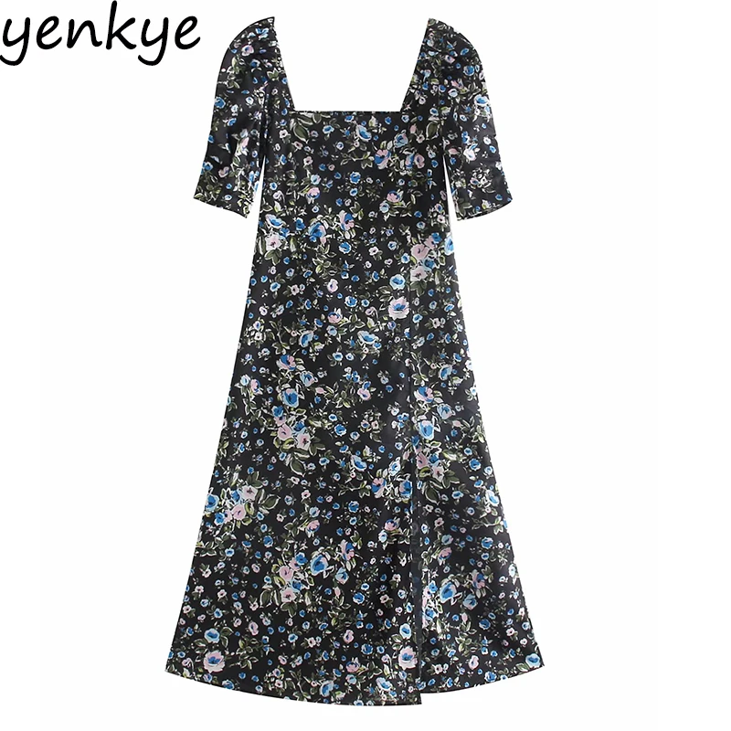 

Women Vintage Floral Print Dress Lady Square Neck Short Sleeve Back Smocked Sexy Split A-line Midi Summer Dress BBWM9358