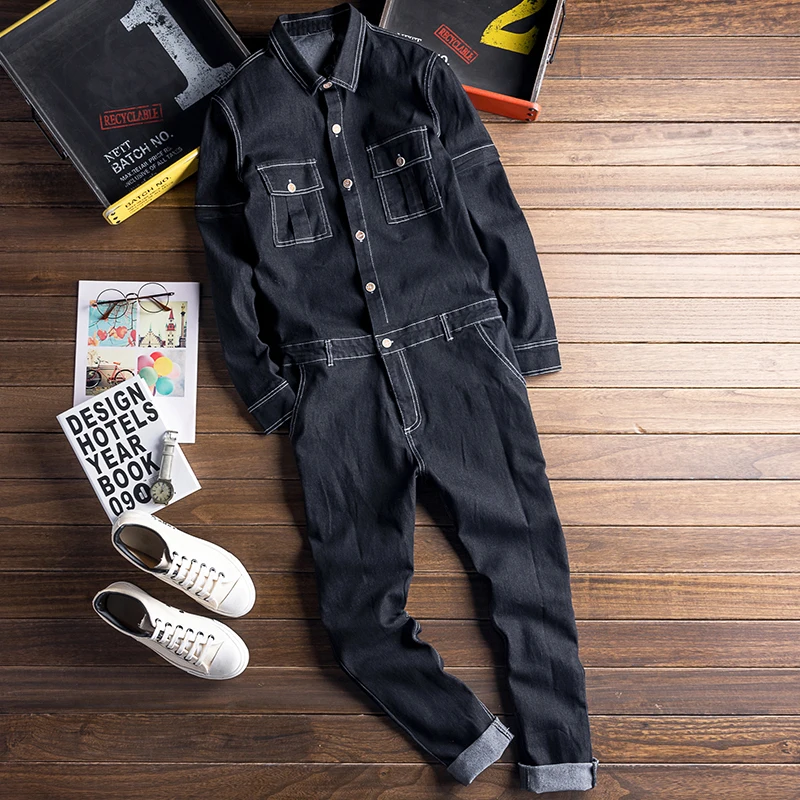 Мужской джинсовый комбинезон с вышивкой Sokotoo, повседневный комбинезон с большими карманами и длинными съемными рукавами из черного денима