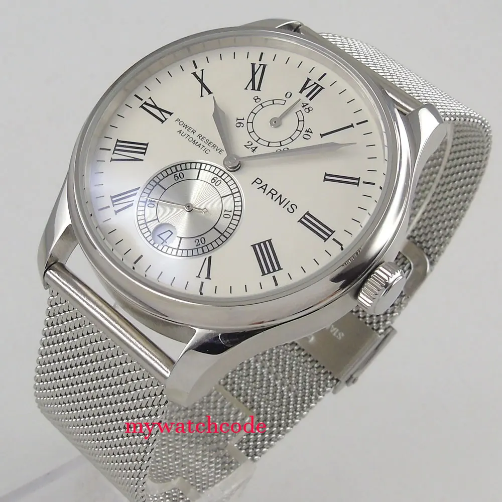 

43mm parnis white dial Roman numerals date power reserve automatic mens watch