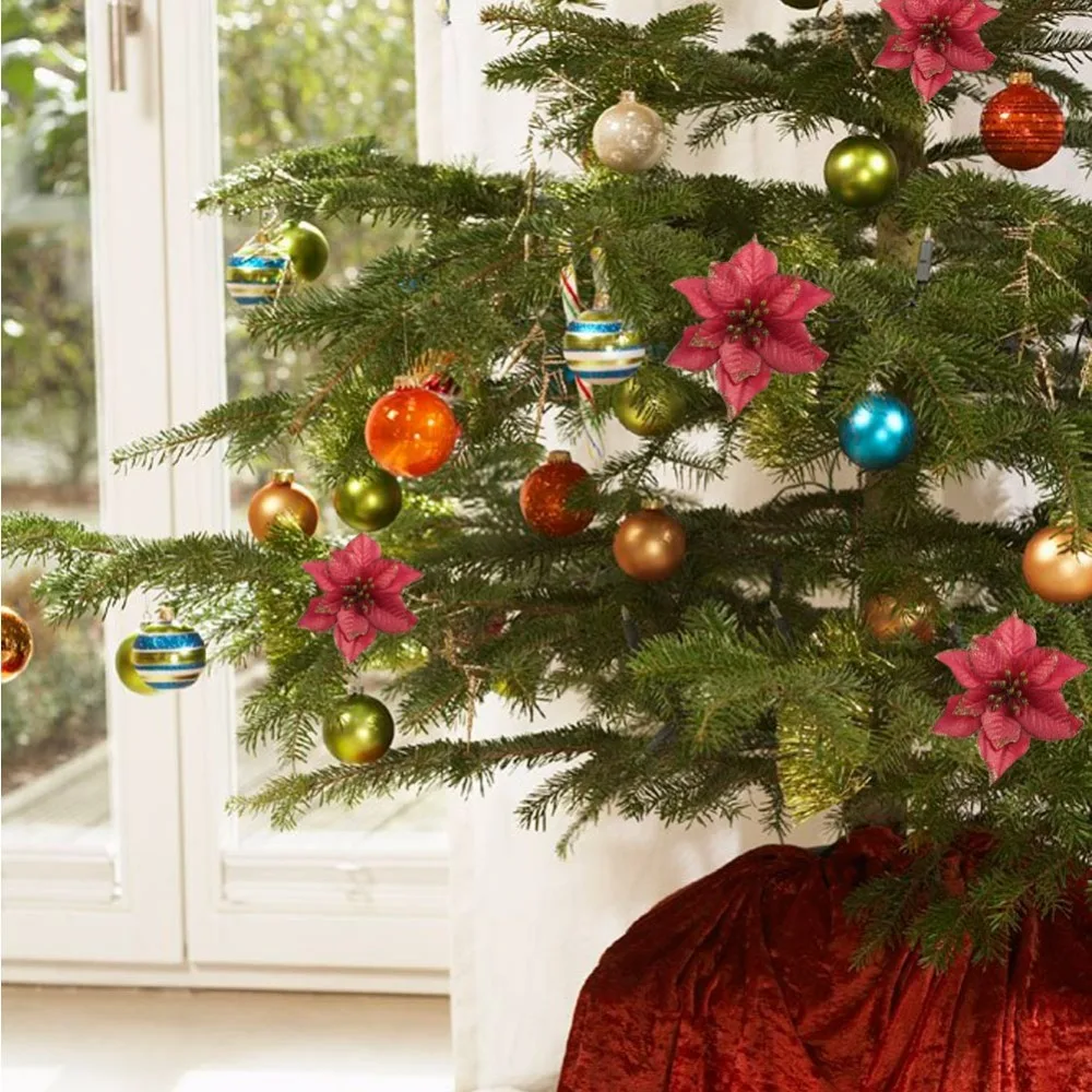 OurWarm 15 см блестящие Искусственные цветы к Рождеству елке украшения DIY Poinsettia Цветок Рождественская елка украшение новогодний декор