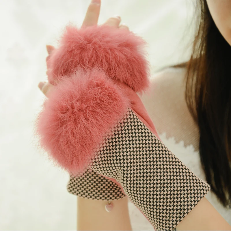 Woman's Semi-Finger Gloves Fashion Elegant Rabbit Hair Spring Autumn Half Finger Driving Lady Mittens BN88002