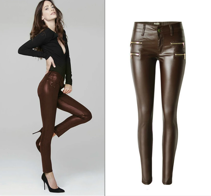 

Low Waist PU Skinny Jeans Women High Quality Fake Zippers Coated Pantalon Femme Washed Coffee Imitation Leather Vaqueros Mujer