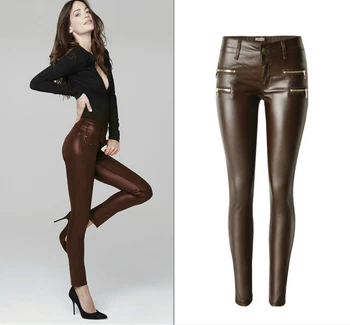 

Low Waist PU Skinny Jeans Women High Quality Fake Zippers Coated Pantalon Femme Washed Coffee Imitation Leather Vaqueros Mujer