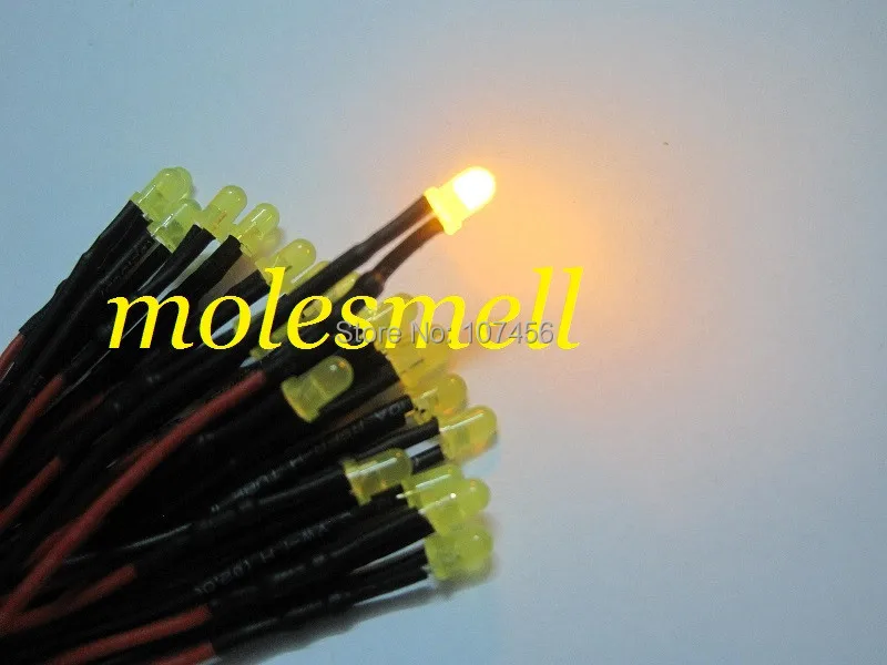 Conjunto de Luz da Lâmpada dc com Fio Frete Grátis 5v Difuso Amarelo Led Pré-wired 50 Pçs 3mm