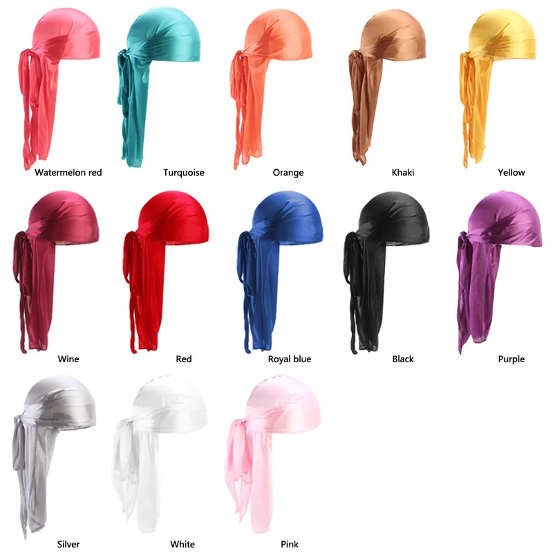 Wholesale Durag silk Long Tail Scarf Cap Men's Satin Durags Bandanna Turban Wigs Men Silky Durag Headwear Pirate Hat 13 colors popular new laser glass imitation silk long tail pirate hat baotou hat hip hop cloak hat unisex turban bandana headwear bonnets