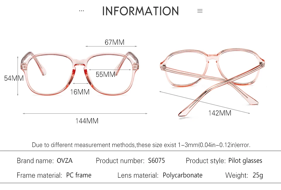 OVZA Пилот Стиль очки Рамки Прозрачный Мода Прохладный Женские очки для мужчин ясно большие очки розовый высокое качество S6075
