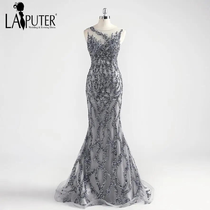Laiputer серый кристалл роскошный удивительный Арабский сексуальный русалка o-образным вырезом Формальные Вечерние платья для выпускного вечера Высокое качество - Цвет: Серый