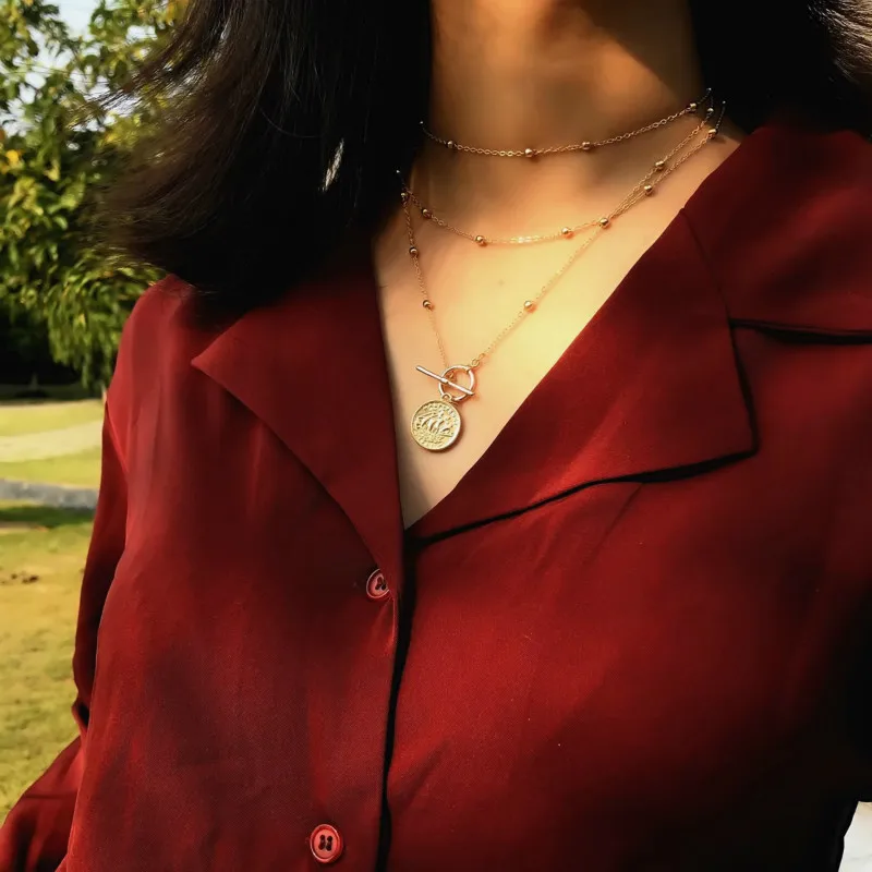 

Fashion New Creative Jewelry Retro Ball Accessories Sweater Chain Personality Portrait Relief Multi Layer Necklace Women