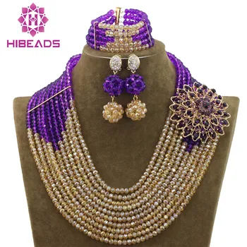 

Latest Purple Gold Nigerian Wedding African Beads Jewelry Set Crystal Bridal Women Costume Jewelry Set Free Shipping WB765